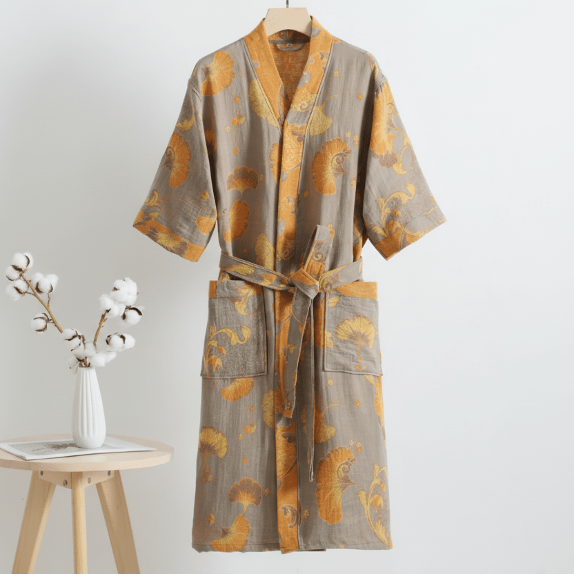 Reversible organic cotton kimono bathrobe with ginkgo leaf motif for breathable comfort and timeless natural elegance - Euroselle