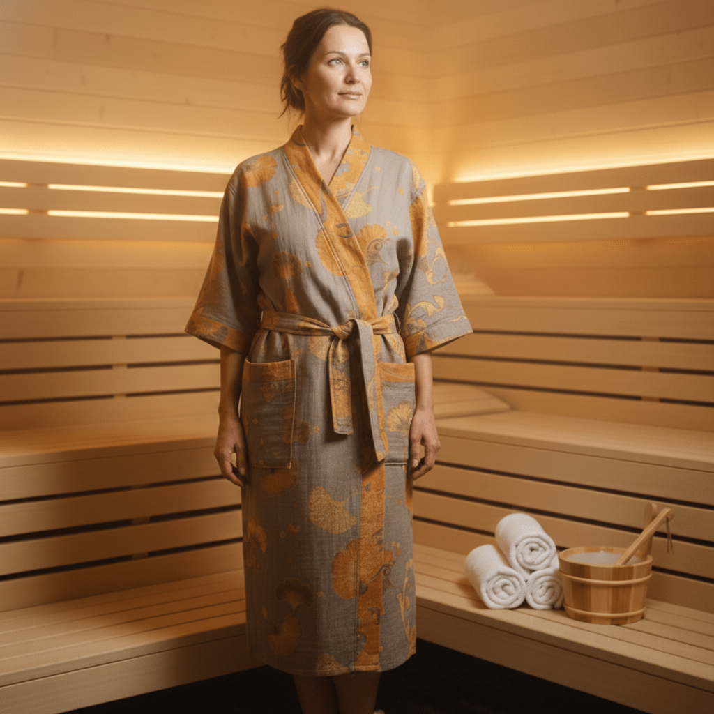 Reversible organic cotton kimono bathrobe with ginkgo leaf motif for breathable comfort and timeless natural elegance - Euroselle