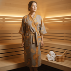 Reversible organic cotton kimono bathrobe with ginkgo leaf motif for breathable comfort and timeless natural elegance - Euroselle