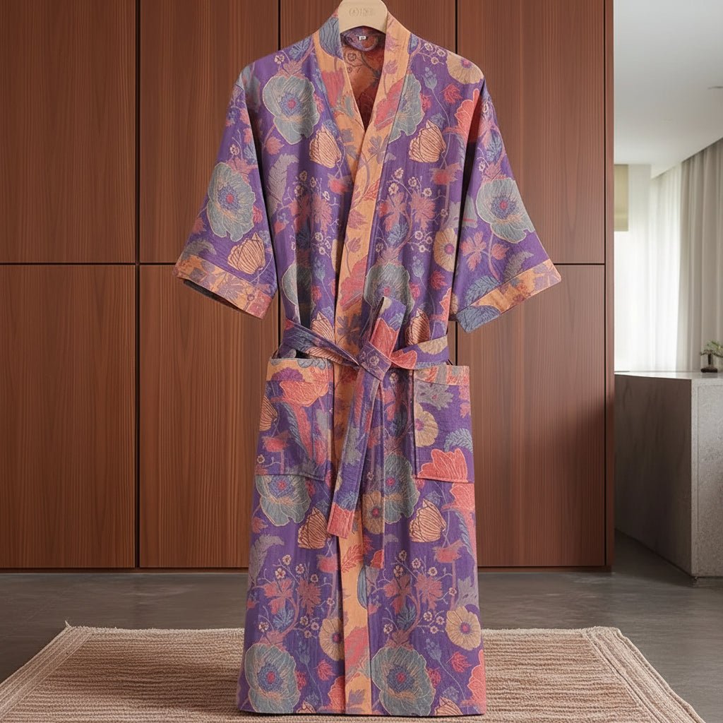 Reversible organic cotton kimono bathrobe with ginkgo leaf motif for breathable comfort and timeless natural elegance - Euroselle