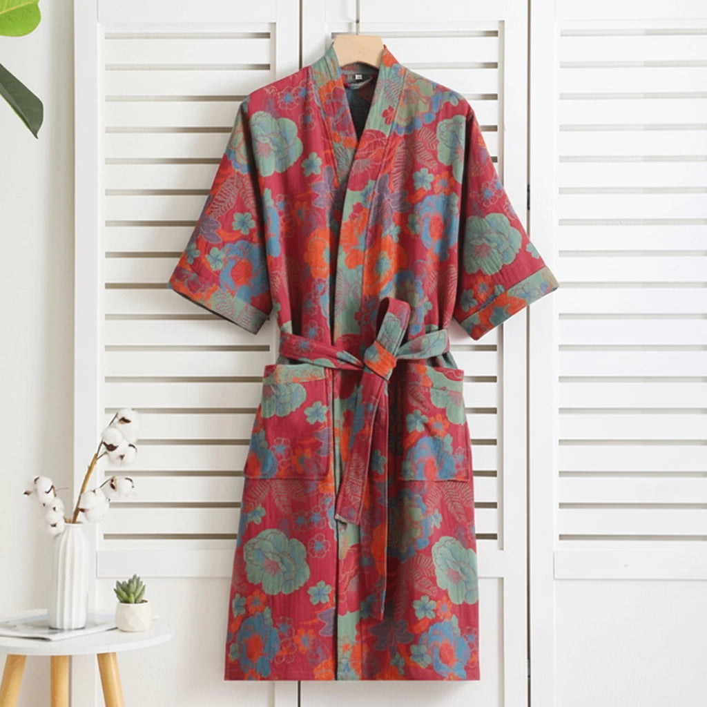 Reversible organic cotton kimono bathrobe with ginkgo leaf motif for breathable comfort and timeless natural elegance - Euroselle
