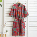 Reversible organic cotton kimono bathrobe with ginkgo leaf motif for breathable comfort and timeless natural elegance - Euroselle