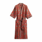 Reversible organic cotton kimono bathrobe with ginkgo leaf motif for breathable comfort and timeless natural elegance - Euroselle