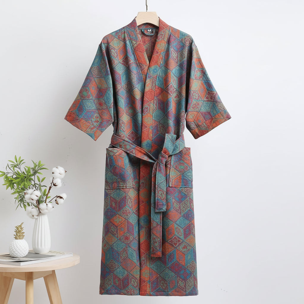 Reversible organic cotton kimono bathrobe with ginkgo leaf motif for breathable comfort and timeless natural elegance - Euroselle