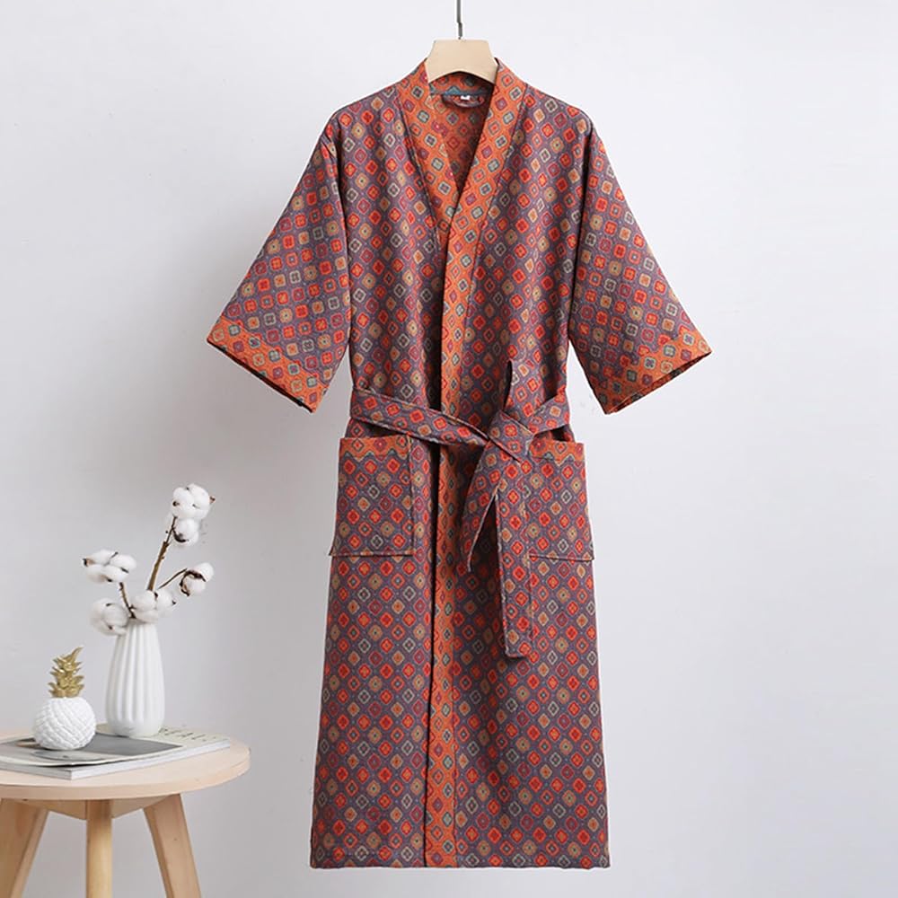 Reversible organic cotton kimono bathrobe with ginkgo leaf motif for breathable comfort and timeless natural elegance - Euroselle