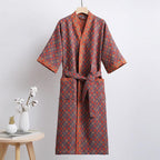 Reversible organic cotton kimono bathrobe with ginkgo leaf motif for breathable comfort and timeless natural elegance - Euroselle