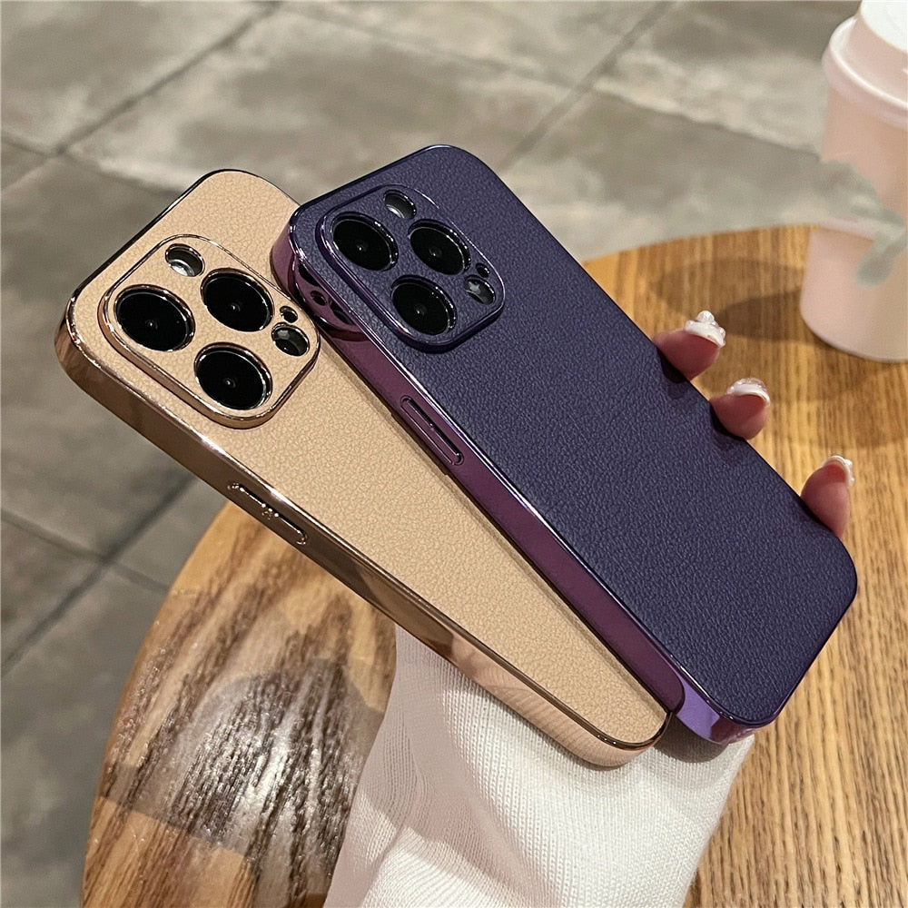 Hochwertige iPhone-Hülle aus echtem Leder — Metallschutzrahmen, Serie 13–17