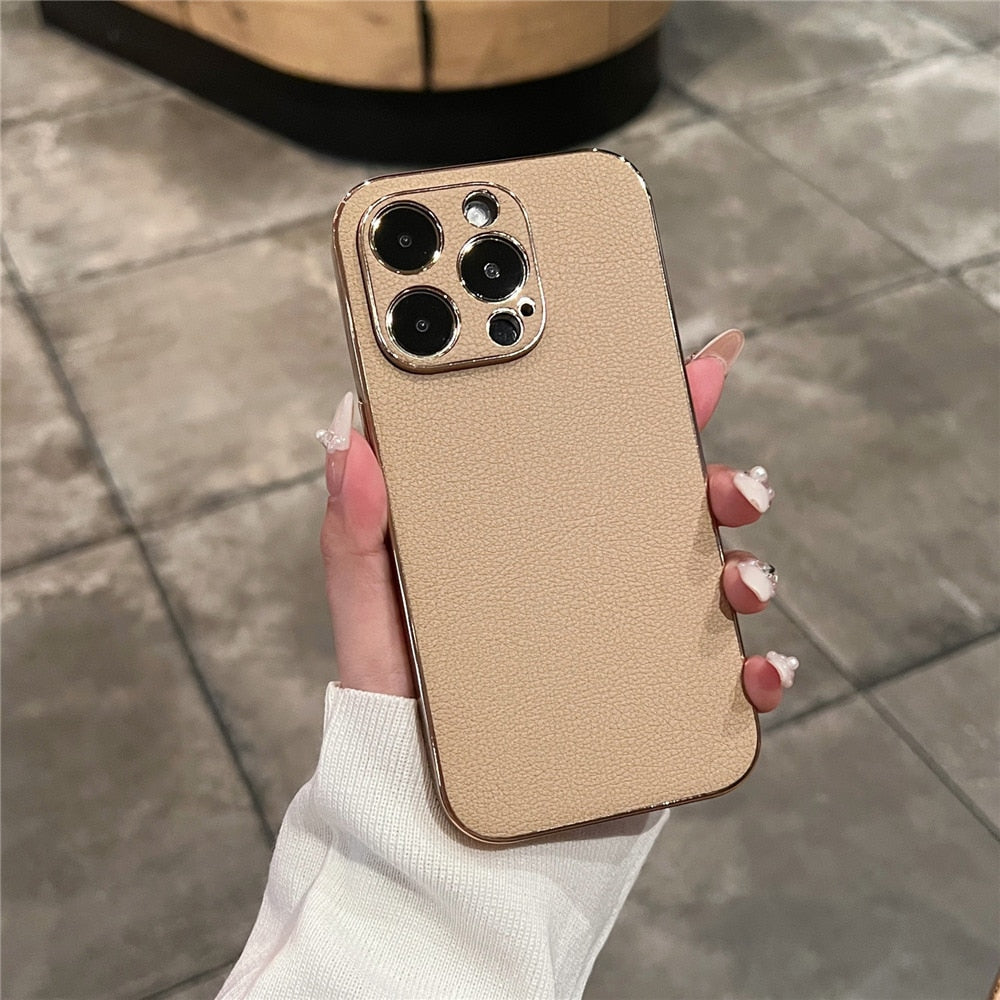 Hochwertige iPhone-Hülle aus echtem Leder — Metallschutzrahmen, Serie 13–17