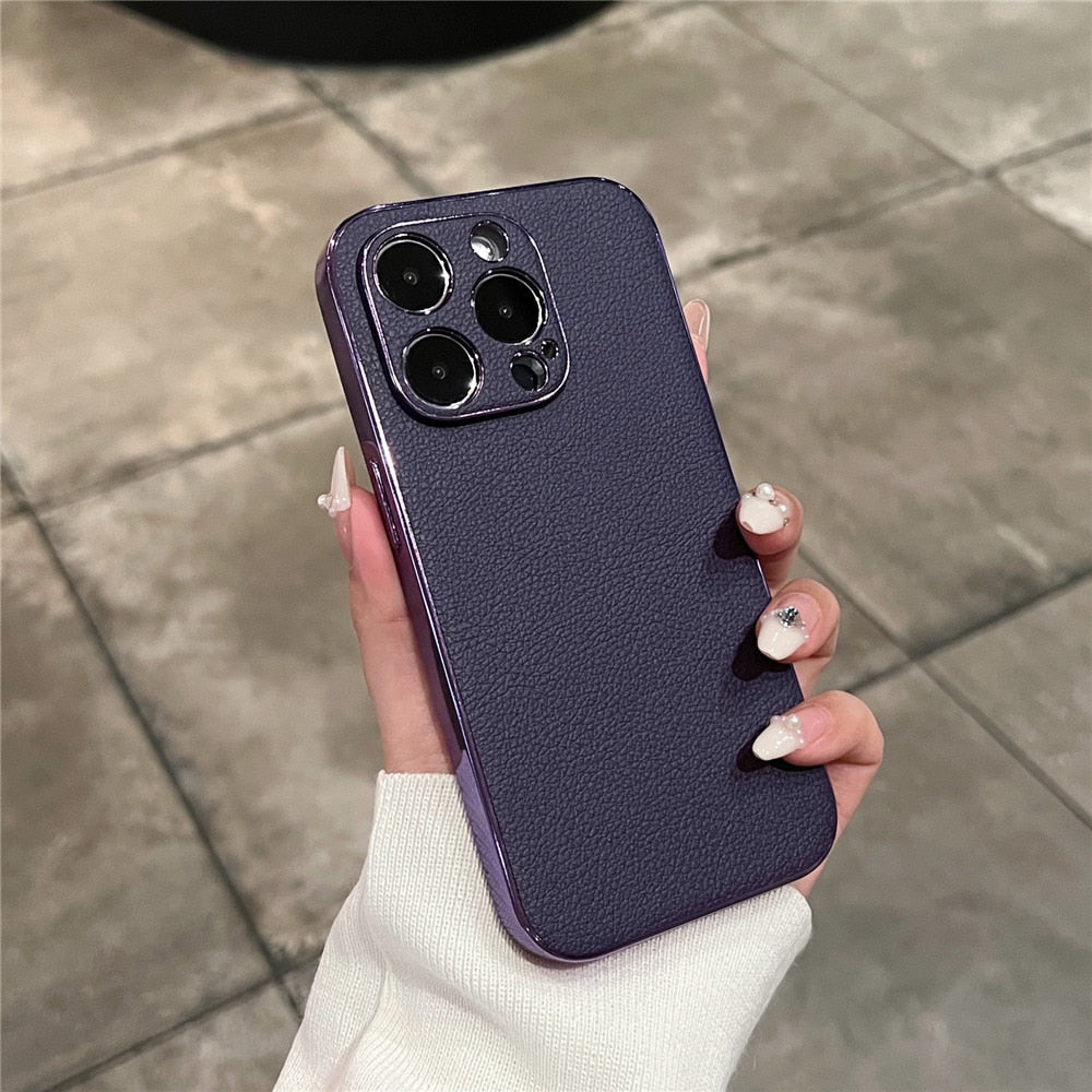 Hochwertige iPhone-Hülle aus echtem Leder — Metallschutzrahmen, Serie 13–17