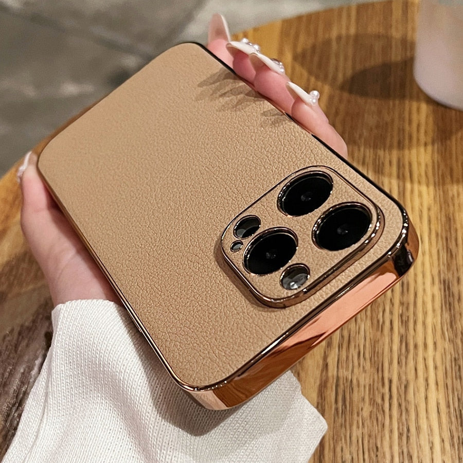 Hochwertige iPhone-Hülle aus echtem Leder — Metallschutzrahmen, Serie 13–17