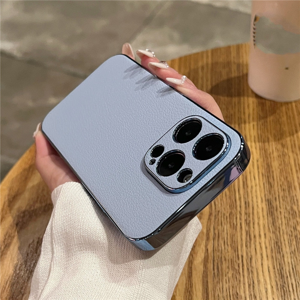 Hochwertige iPhone-Hülle aus echtem Leder — Metallschutzrahmen, Serie 13–17