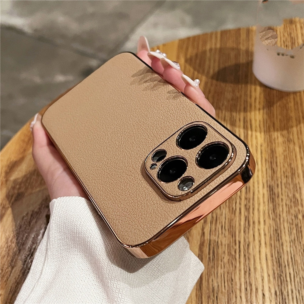 Hochwertige iPhone-Hülle aus echtem Leder — Metallschutzrahmen, Serie 13–17
