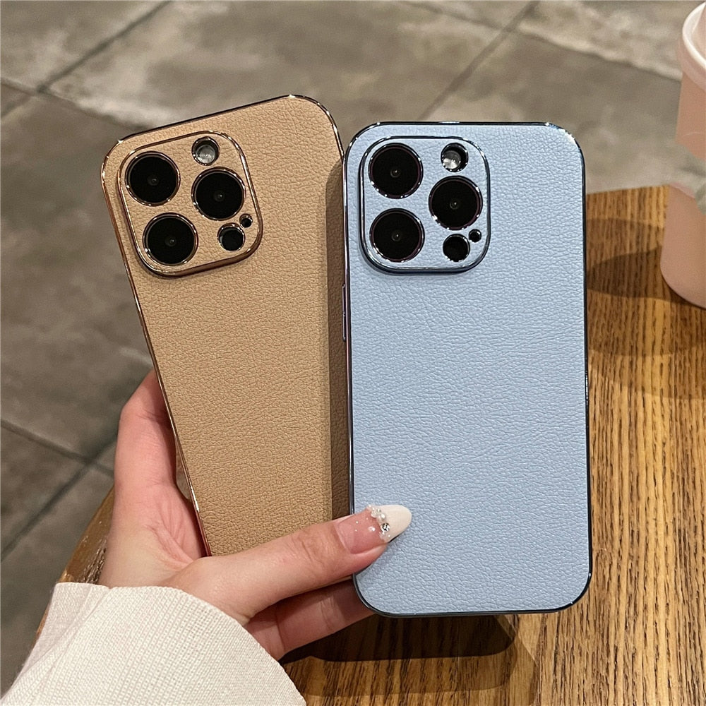 Hochwertige iPhone-Hülle aus echtem Leder — Metallschutzrahmen, Serie 13–17