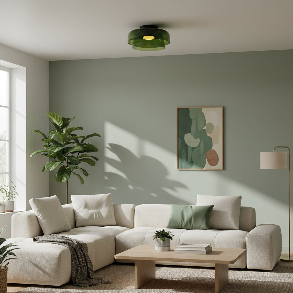 מנורת תקרה LED מזכוכית רב-שכבתית, 13–16 אינץ', ירוקה, לחדר השינה, לסלון ולמסדרון, גוף תאורה צמוד תקרה בסגנון עכשווי, 10W, עם עמעום