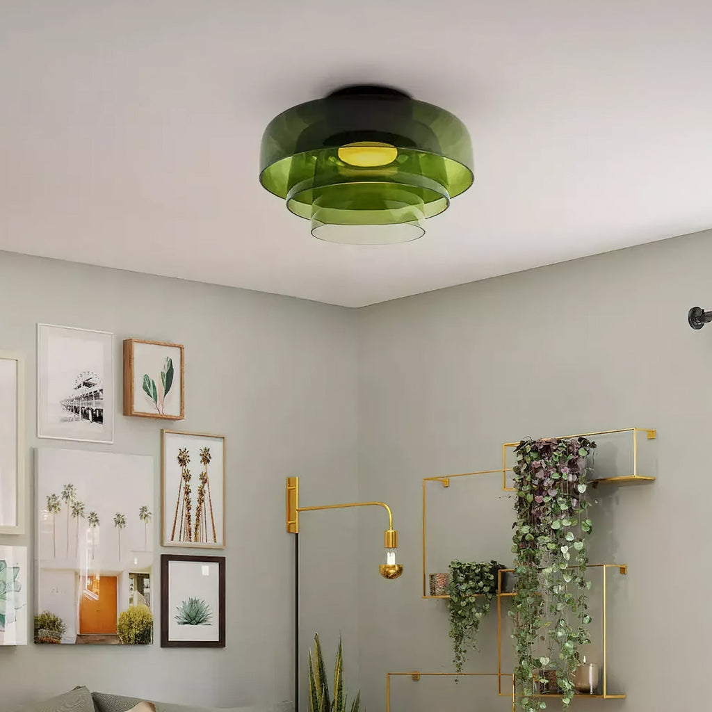 מנורת תקרה LED מזכוכית רב-שכבתית, 13–16 אינץ', ירוקה, לחדר השינה, לסלון ולמסדרון, גוף תאורה צמוד תקרה בסגנון עכשווי, 10W, עם עמעום