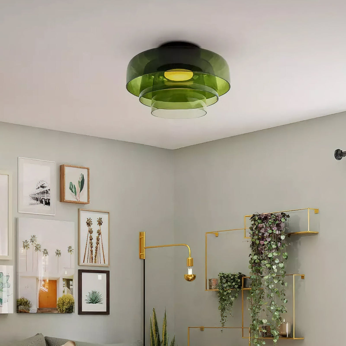 מנורת תקרה LED מזכוכית רב-שכבתית, 13–16 אינץ', ירוקה, לחדר השינה, לסלון ולמסדרון, גוף תאורה צמוד תקרה בסגנון עכשווי, 10W, עם עמעום