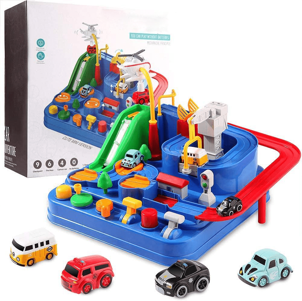 Circuit de jeu urbain interactif sans piles UrbanQuest — Voiture, hélicoptère et grue mécaniques en mouvement, dès 3 ans
