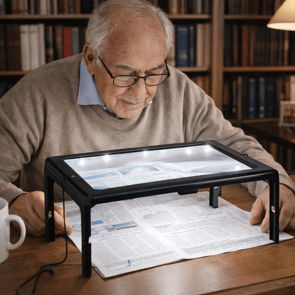 Lente d’ingrandimento pieghevole 3x LuminaFold — Struttura compatta autoportante, illuminazione a LED