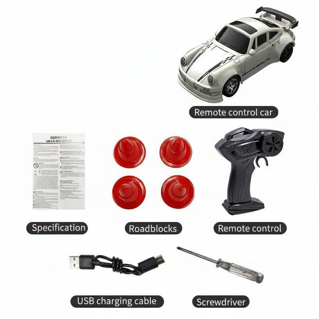 Coche teledirigido compacto de drift NovaDrift a escala 1:64 — Chasis ligero, manejo preciso