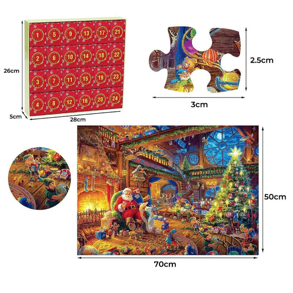 Adventní kalendář s vánočním puzzle o 1008 dílcích — denní sady po 42 dílcích
