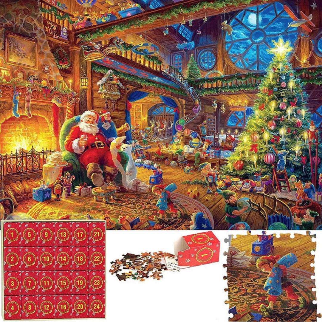 Adventní kalendář s vánočním puzzle o 1008 dílcích — denní sady po 42 dílcích