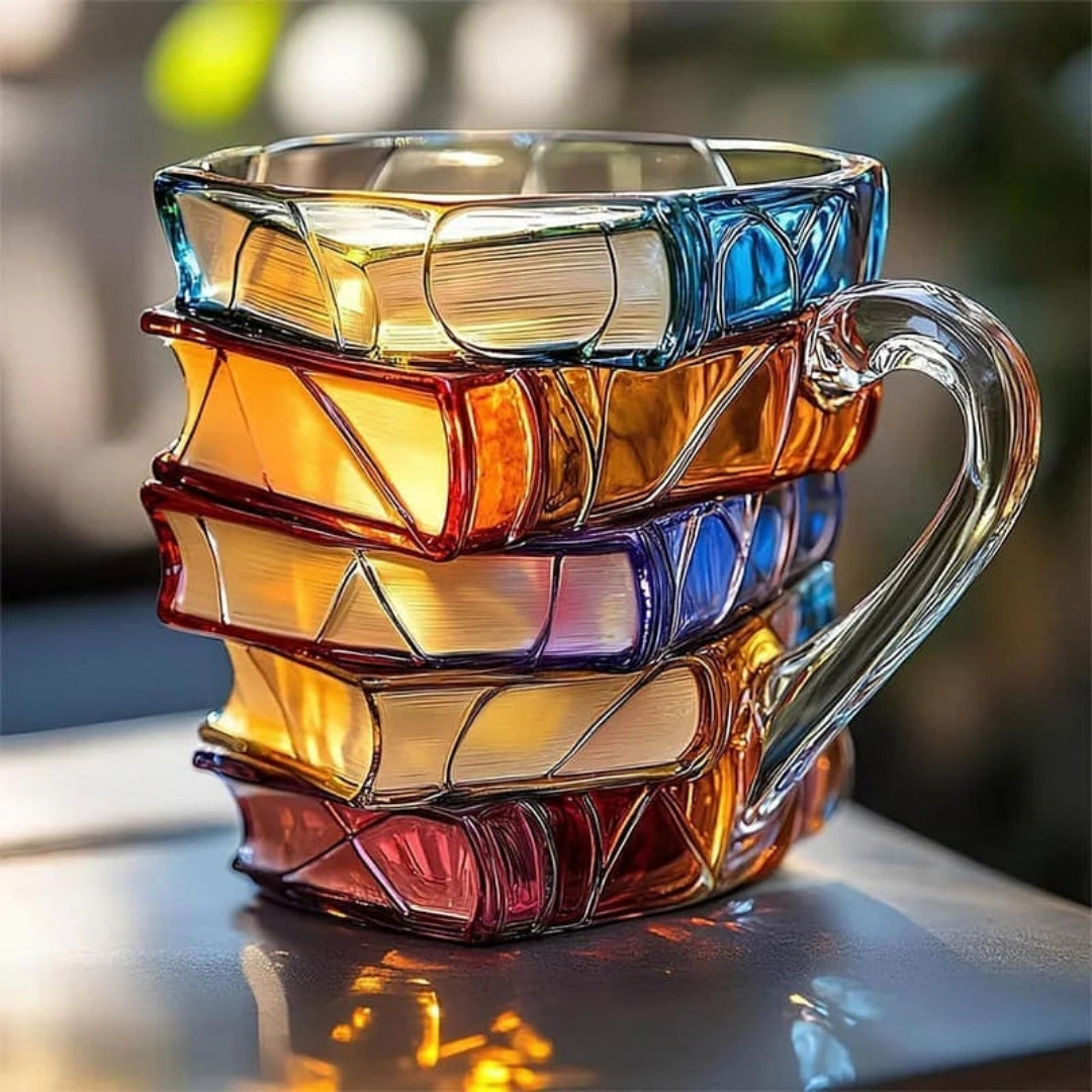 Keramický hrnek na kávu ve tvaru stohovaných knih — 3D ručně malovaný design