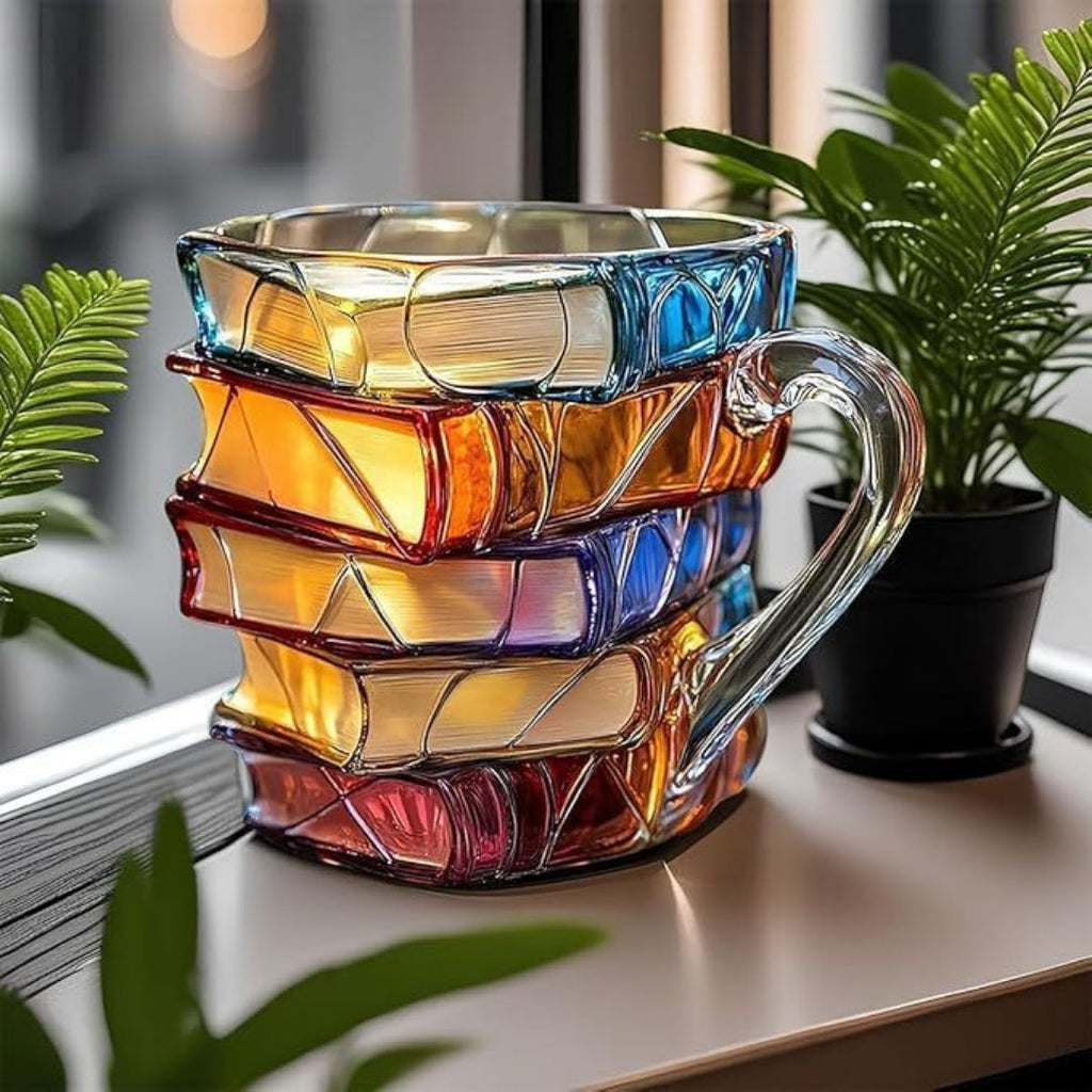 Keramický hrnek na kávu ve tvaru stohovaných knih — 3D ručně malovaný design