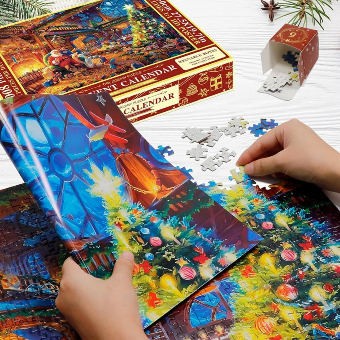 Adventní kalendář s vánočním puzzle o 1008 dílcích — denní sady po 42 dílcích