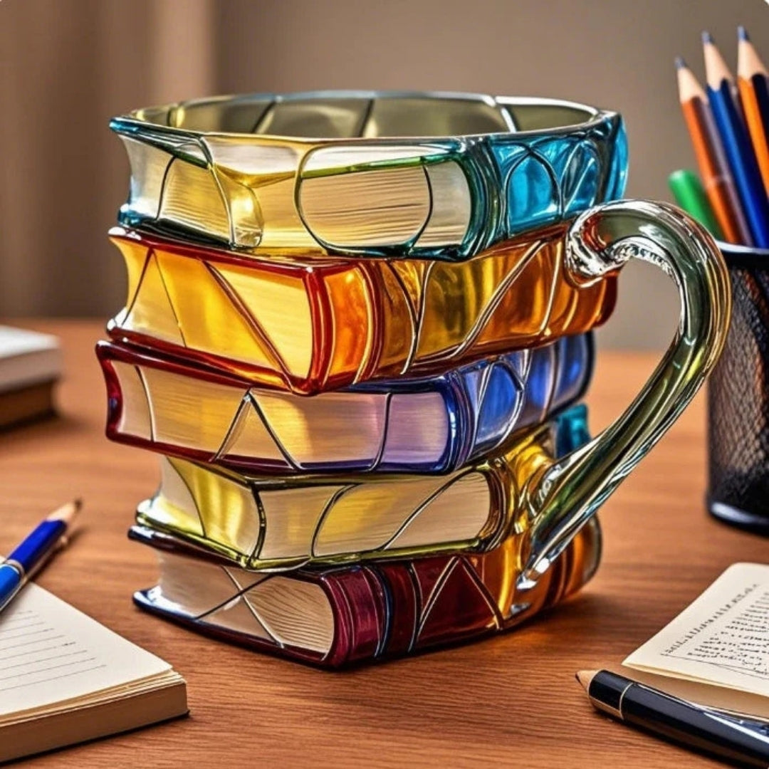 Keramický hrnek na kávu ve tvaru stohovaných knih — 3D ručně malovaný design