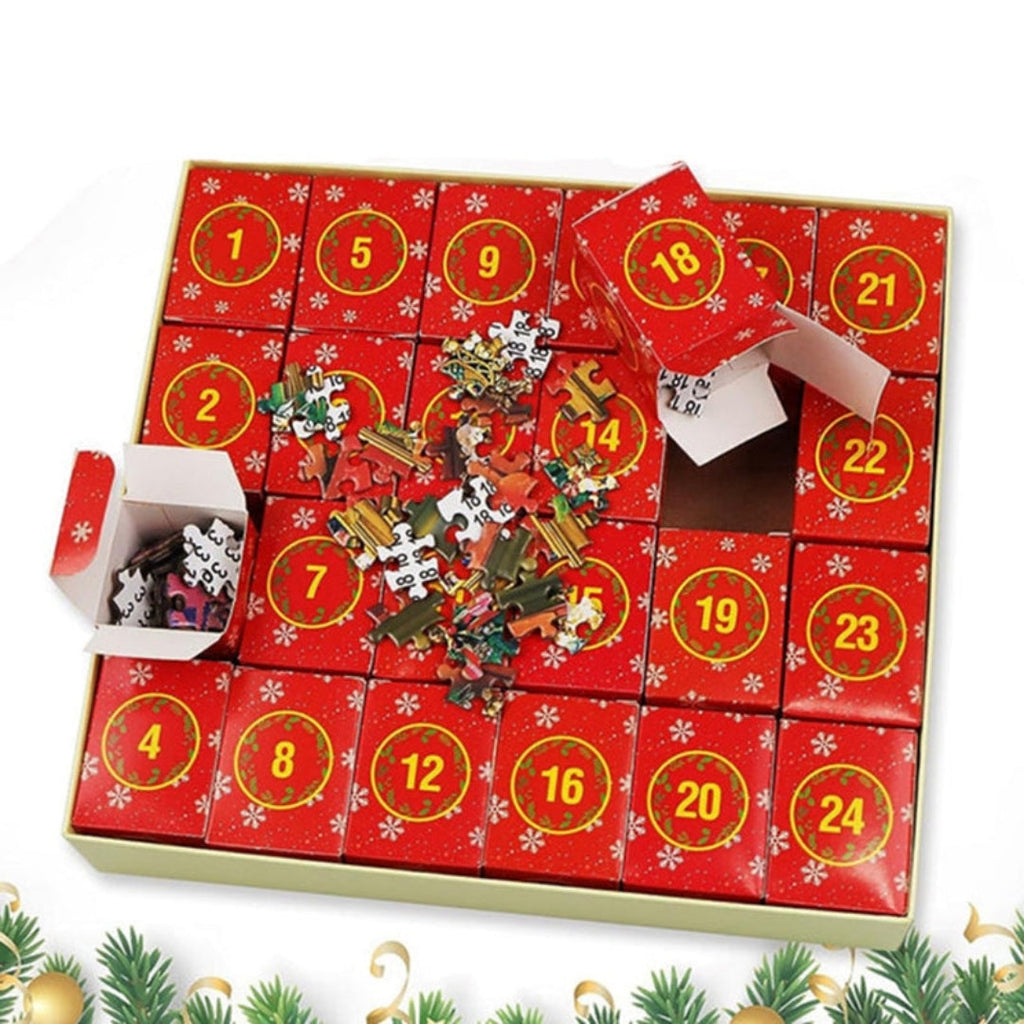 Adventní kalendář s vánočním puzzle o 1008 dílcích — denní sady po 42 dílcích