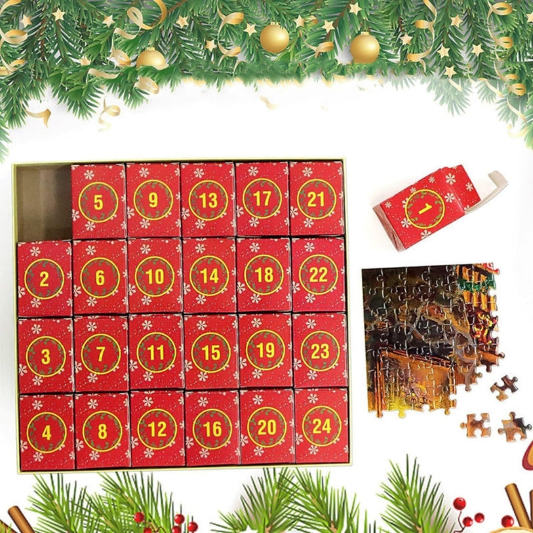 Adventní kalendář s vánočním puzzle o 1008 dílcích — denní sady po 42 dílcích