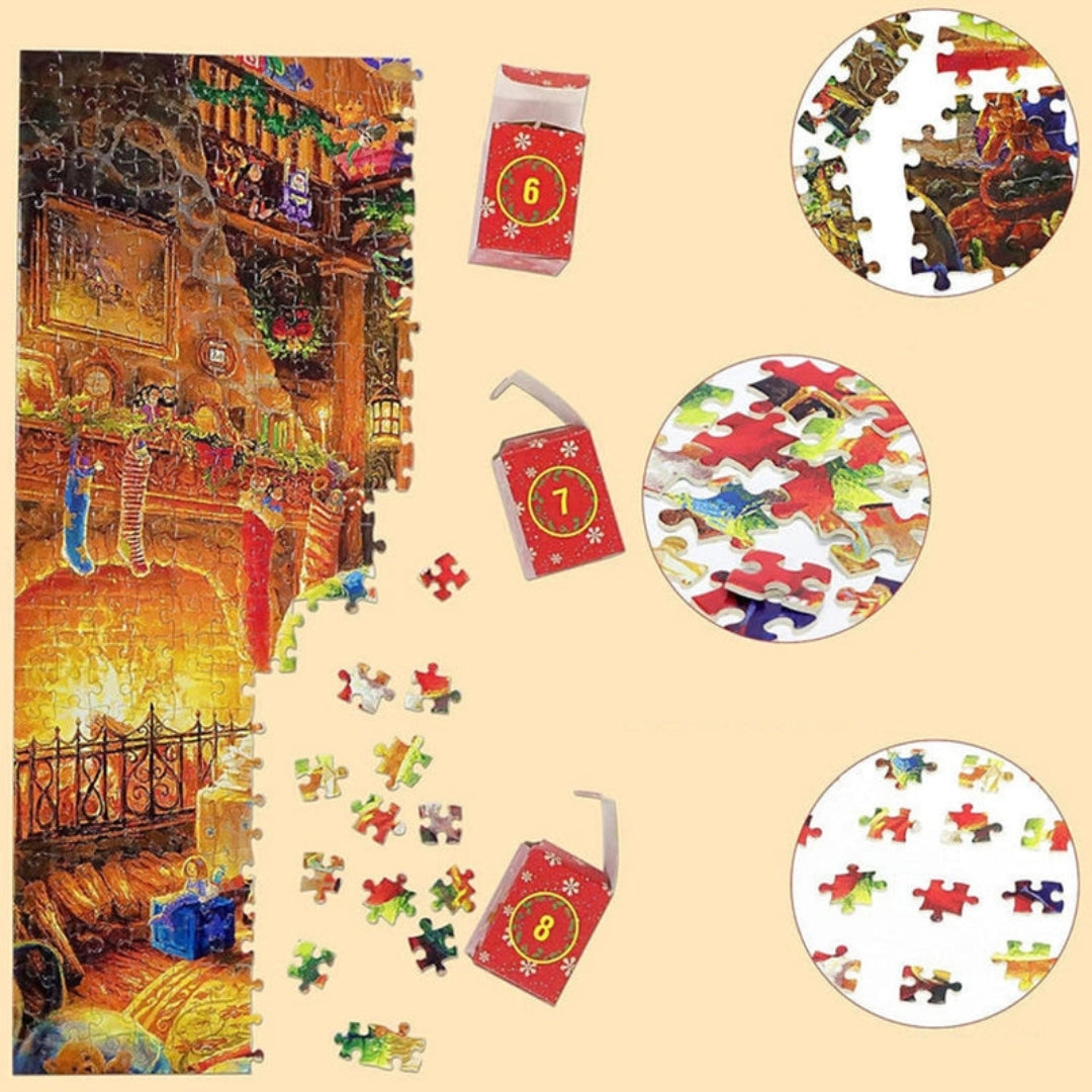 Adventní kalendář s vánočním puzzle o 1008 dílcích — denní sady po 42 dílcích