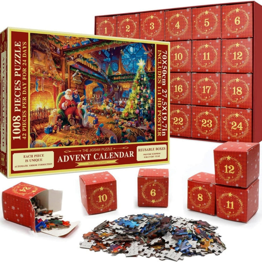 Adventní kalendář s vánočním puzzle o 1008 dílcích — denní sady po 42 dílcích