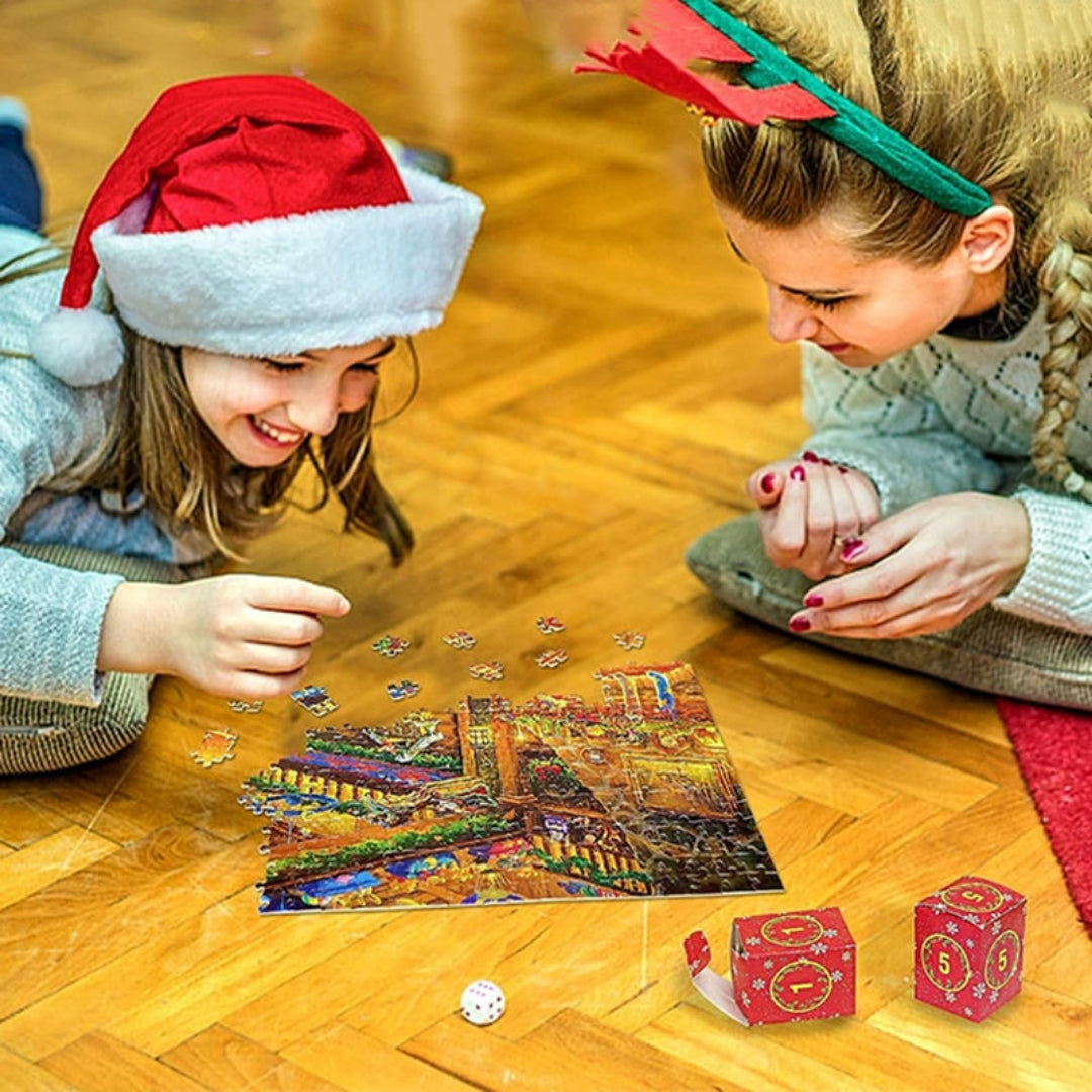 Adventní kalendář s vánočním puzzle o 1008 dílcích — denní sady po 42 dílcích