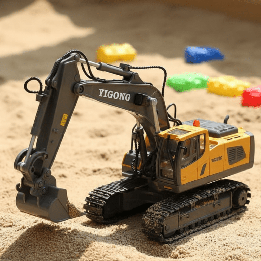 Excavadora RoboBuild con control remoto — 11 funciones, vehículo de construcción realista
