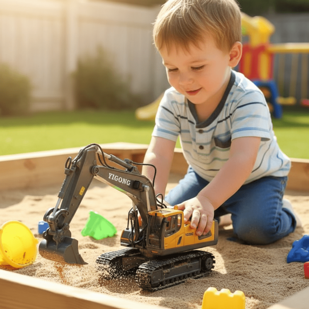 Excavadora RoboBuild con control remoto — 11 funciones, vehículo de construcción realista