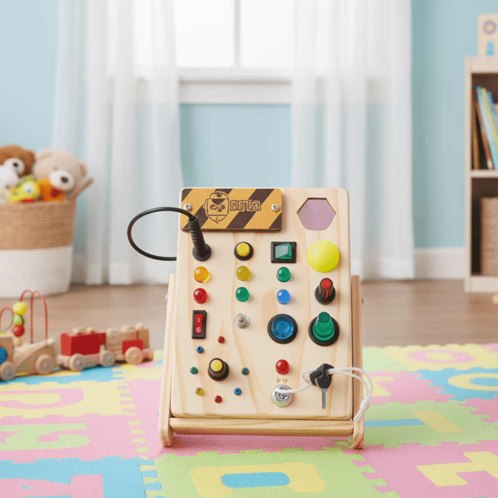 Vzdělávací hračka AuroraLearn Montessori LED a spínačová tabule — 27 osvětlených LED diod, 10 interaktivních spínačů
