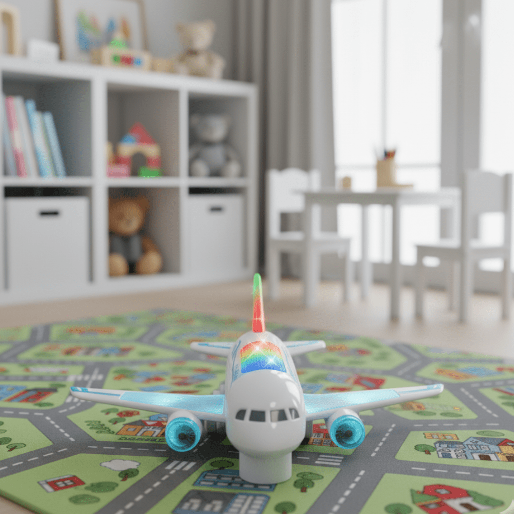 طائرة ألعاب كهربائية بمصابيح LED AeroPulse — دوران 360 درجة، حركة تلقائية، موسيقى مدمجة