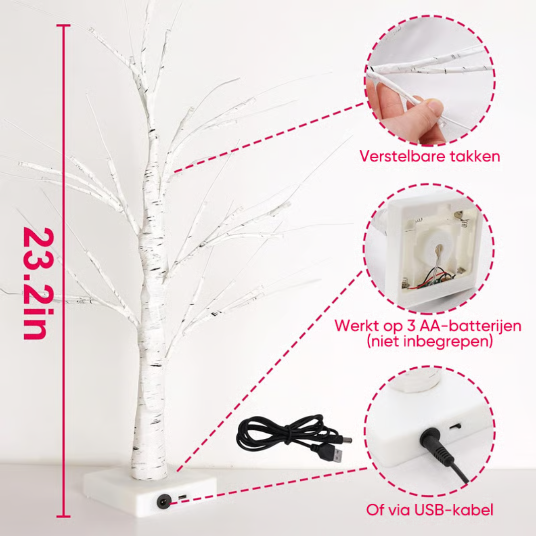 Osvětlená březová lampička — 18 ozdob ve tvaru srdce, napájení bateriemi/USB
