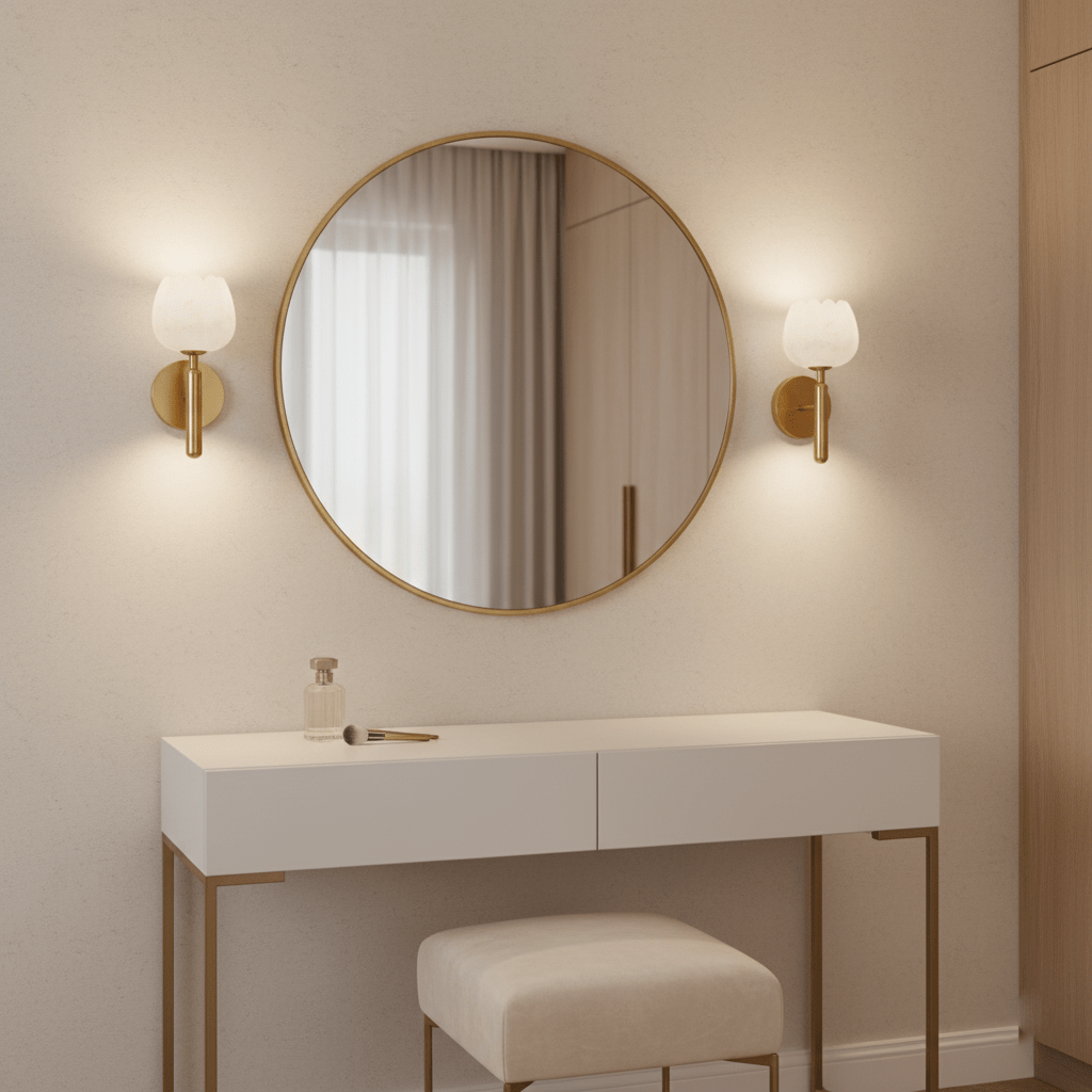 Nástěnné LED svítidlo, 12 in — alabastrové stínidlo, mosazný květinový design, patice E12