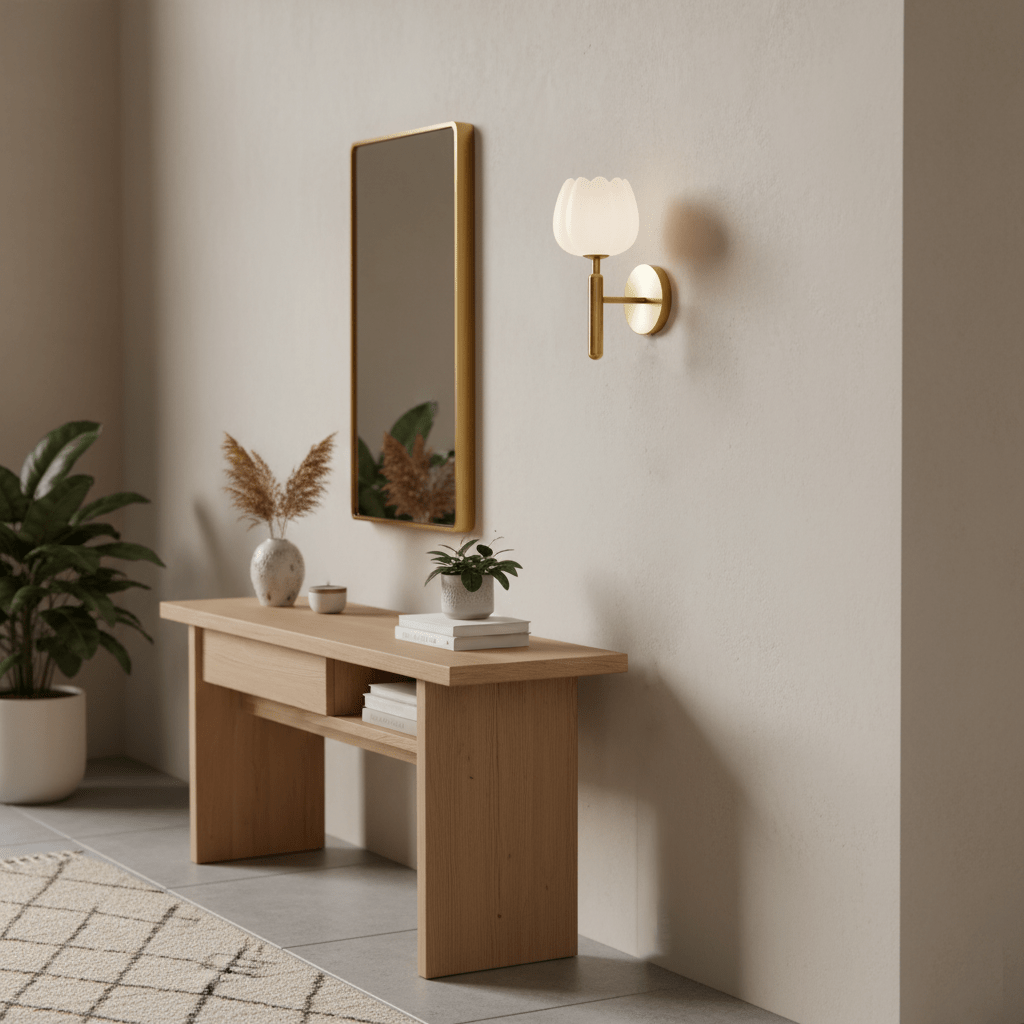 Nástěnné LED svítidlo, 12 in — alabastrové stínidlo, mosazný květinový design, patice E12