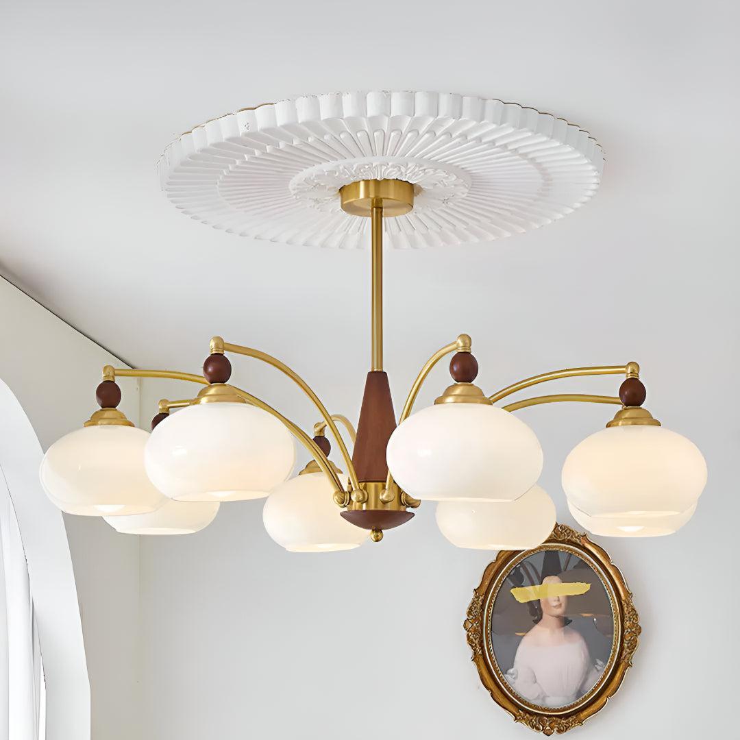 Mid-Century, többkarú csillár — matt üvegbúrás függőlámpa