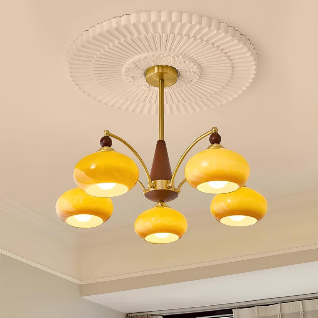 Mid-Century, többkarú csillár — matt üvegbúrás függőlámpa