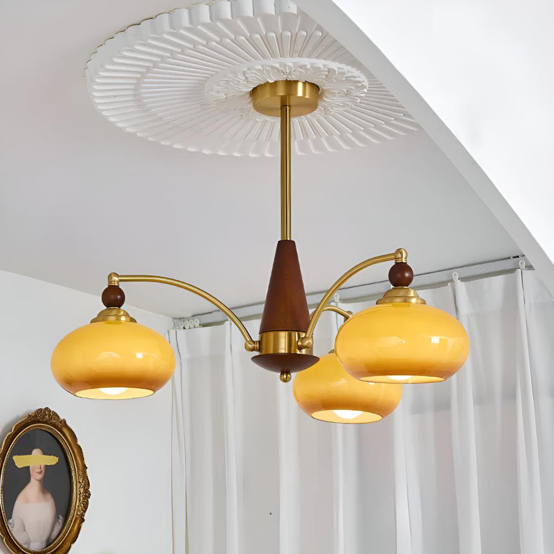 Mid-Century, többkarú csillár — matt üvegbúrás függőlámpa