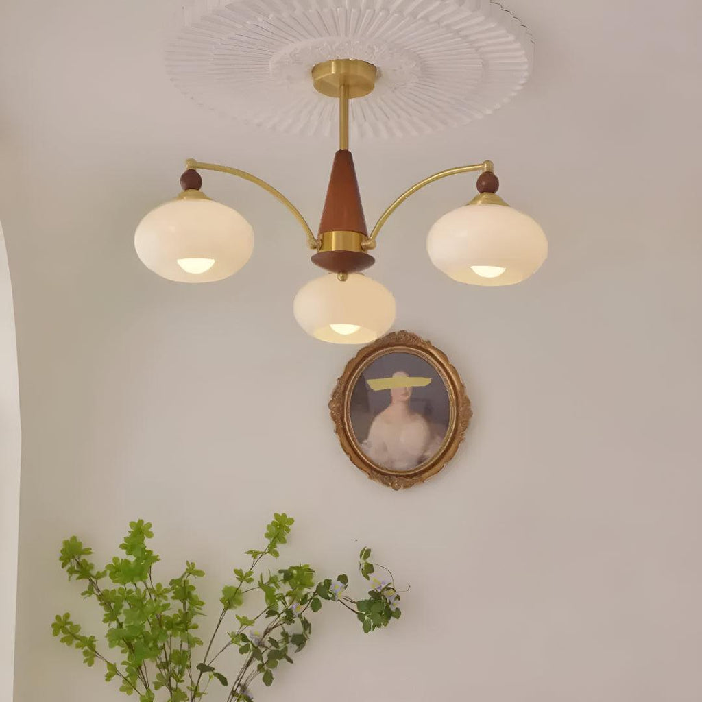 Mid-Century, többkarú csillár — matt üvegbúrás függőlámpa