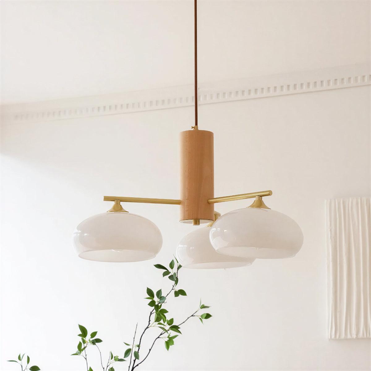 Lampadario mid-century in ottone — Diffusori in vetro opalino