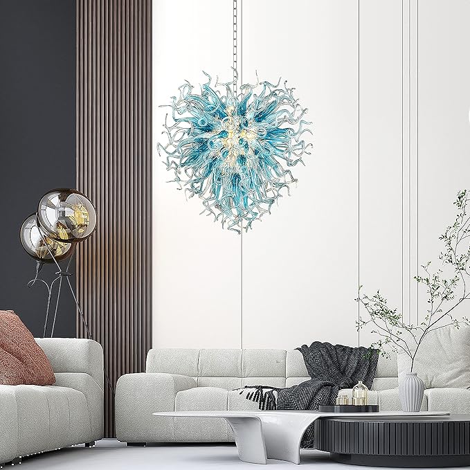 Modern, kézzel fújt üvegcsillár — akvakék