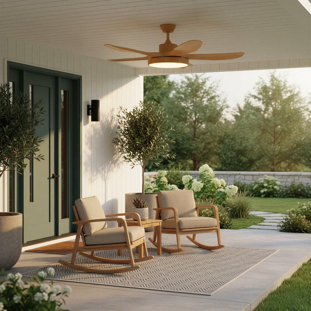 Ventilatore da soffitto moderno in legno — illuminazione integrata, telecomando wireless
