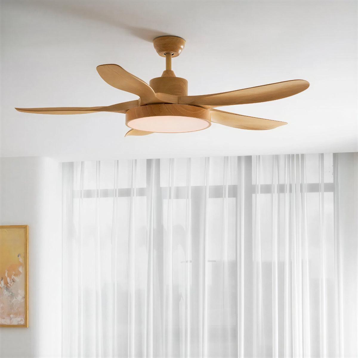 Ventilatore da soffitto moderno in legno — illuminazione integrata, telecomando wireless