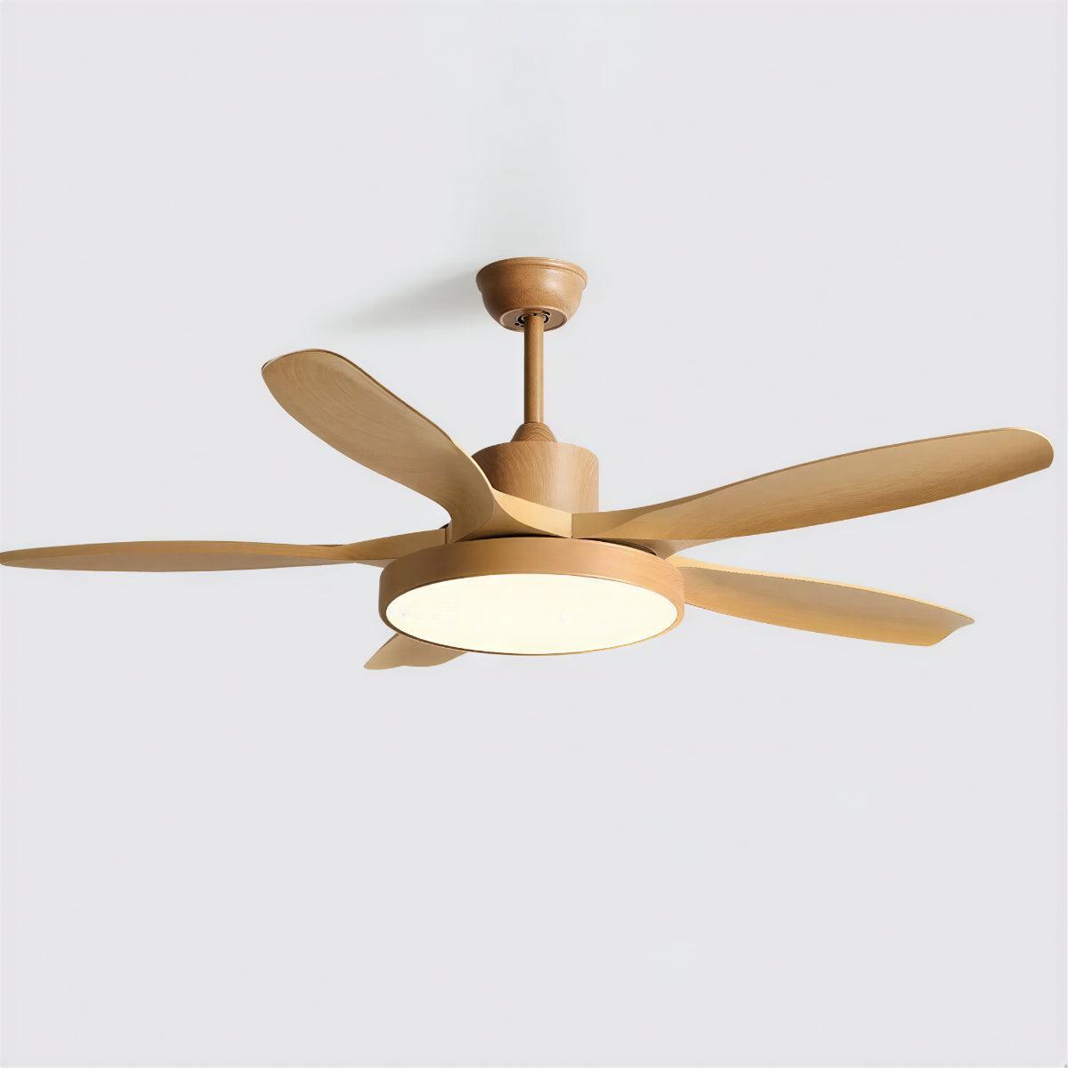 Ventilatore da soffitto moderno in legno — illuminazione integrata, telecomando wireless